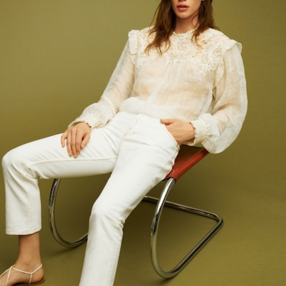 MANGO NIEVES LINEN BLEND SHEER BLOUSE TOP S/M - Picture 4 of 6